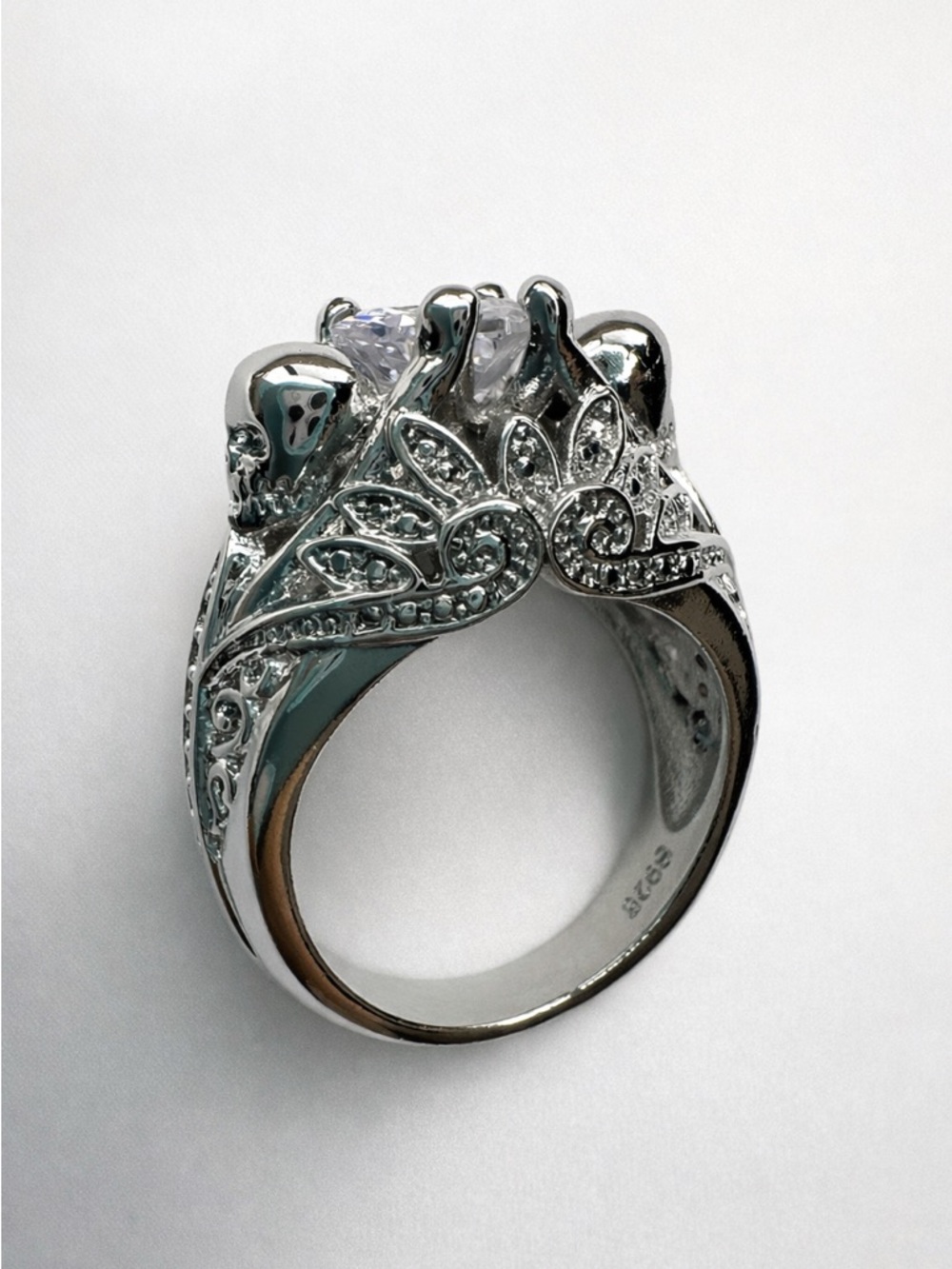 Sterling Silver Skull Lotus Heart CZ Ring S925 Gothic Filigree NWOT
